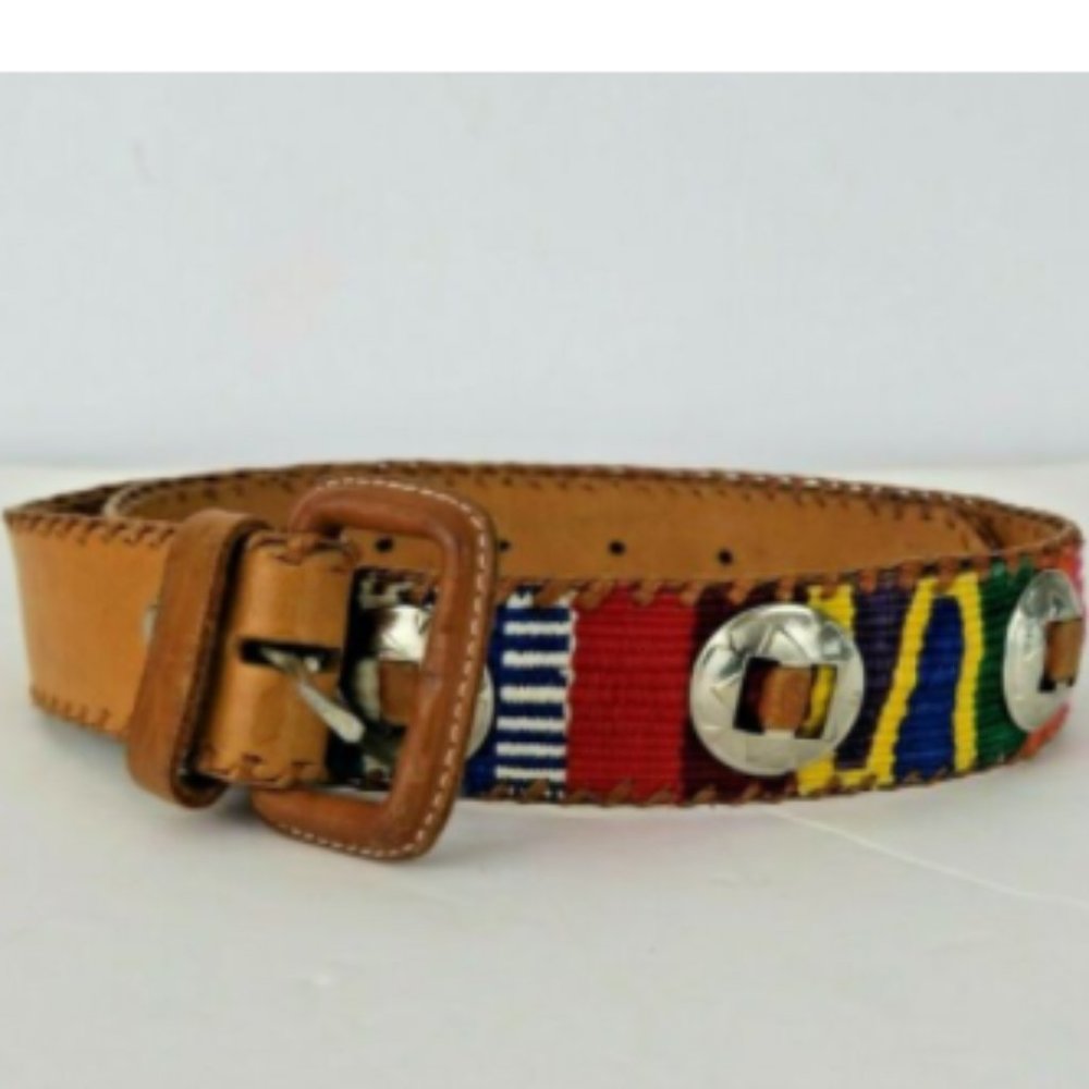 Boho VTG Cotton Woven Fabric Leather Belt small